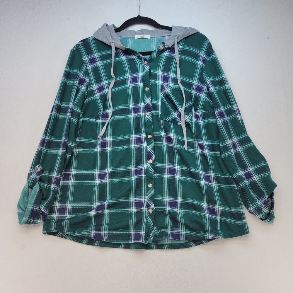 No Comment Hoodie Shirt Womens 1X Green Plaid Roll Tab Sleeve Button Up